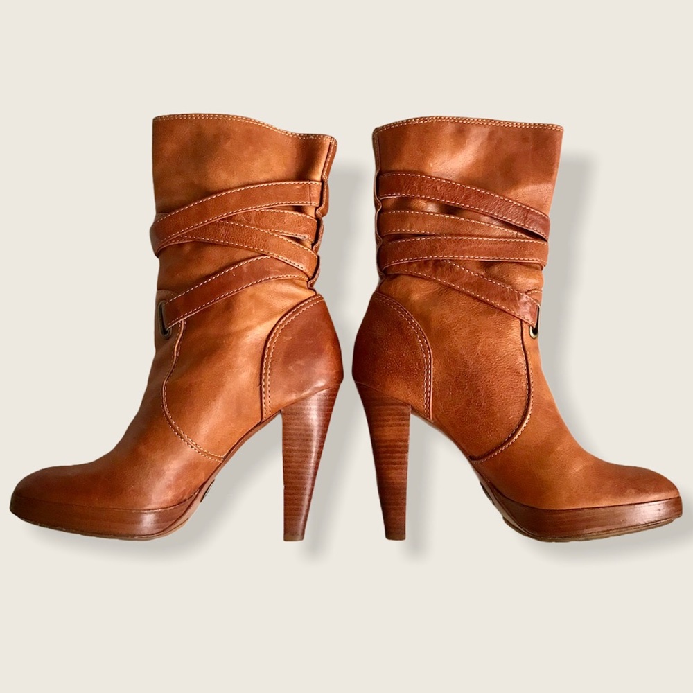 Frye Harlow Multi-Strap Cognac Cute Stiletto Boots - Picture 5 of 15